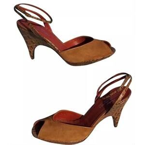 Donald Pliner Brown Suede Platform Gator Leather Open-toe Ankle Shoe NWT $275